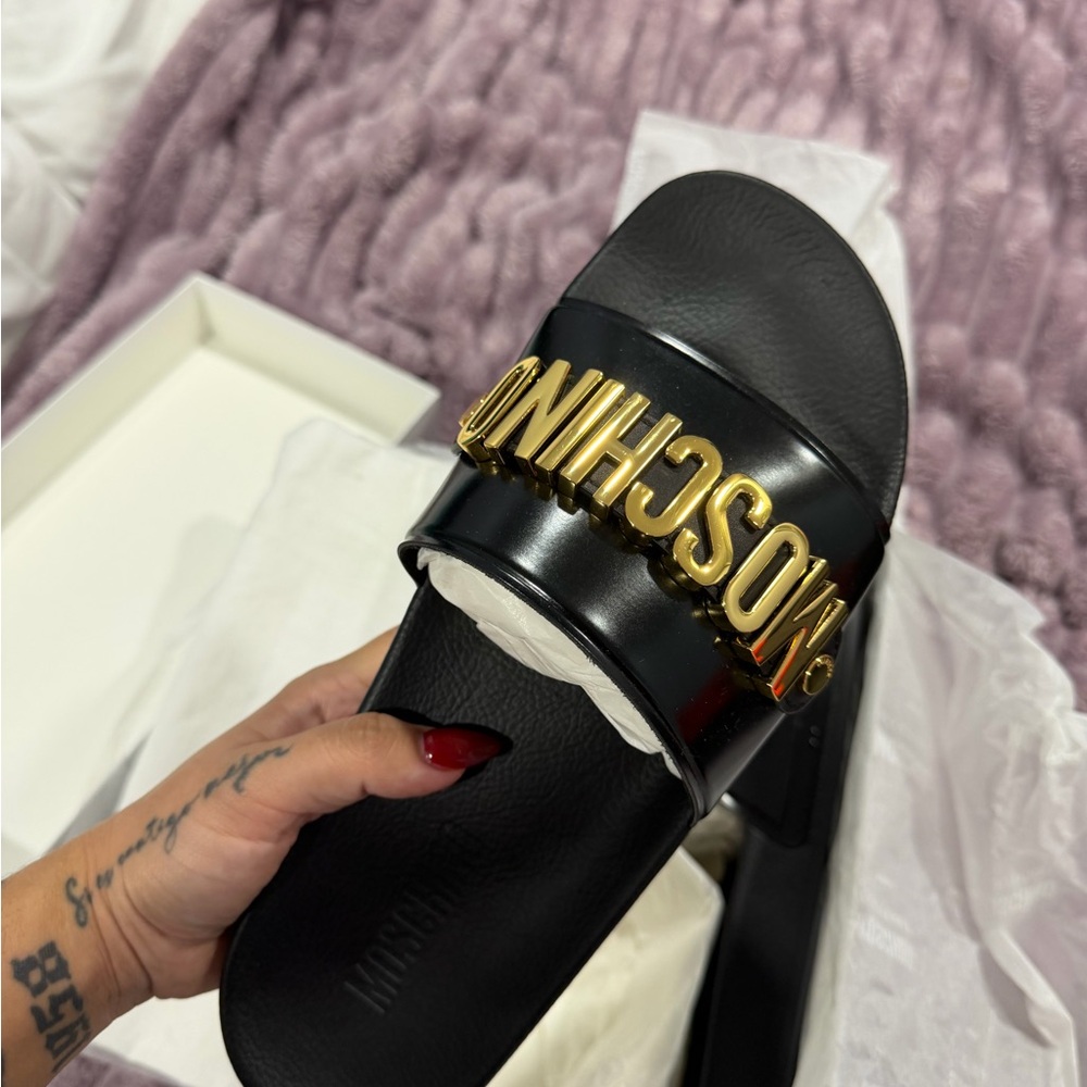 Moschino Black Sandals with Gold Logo Accent